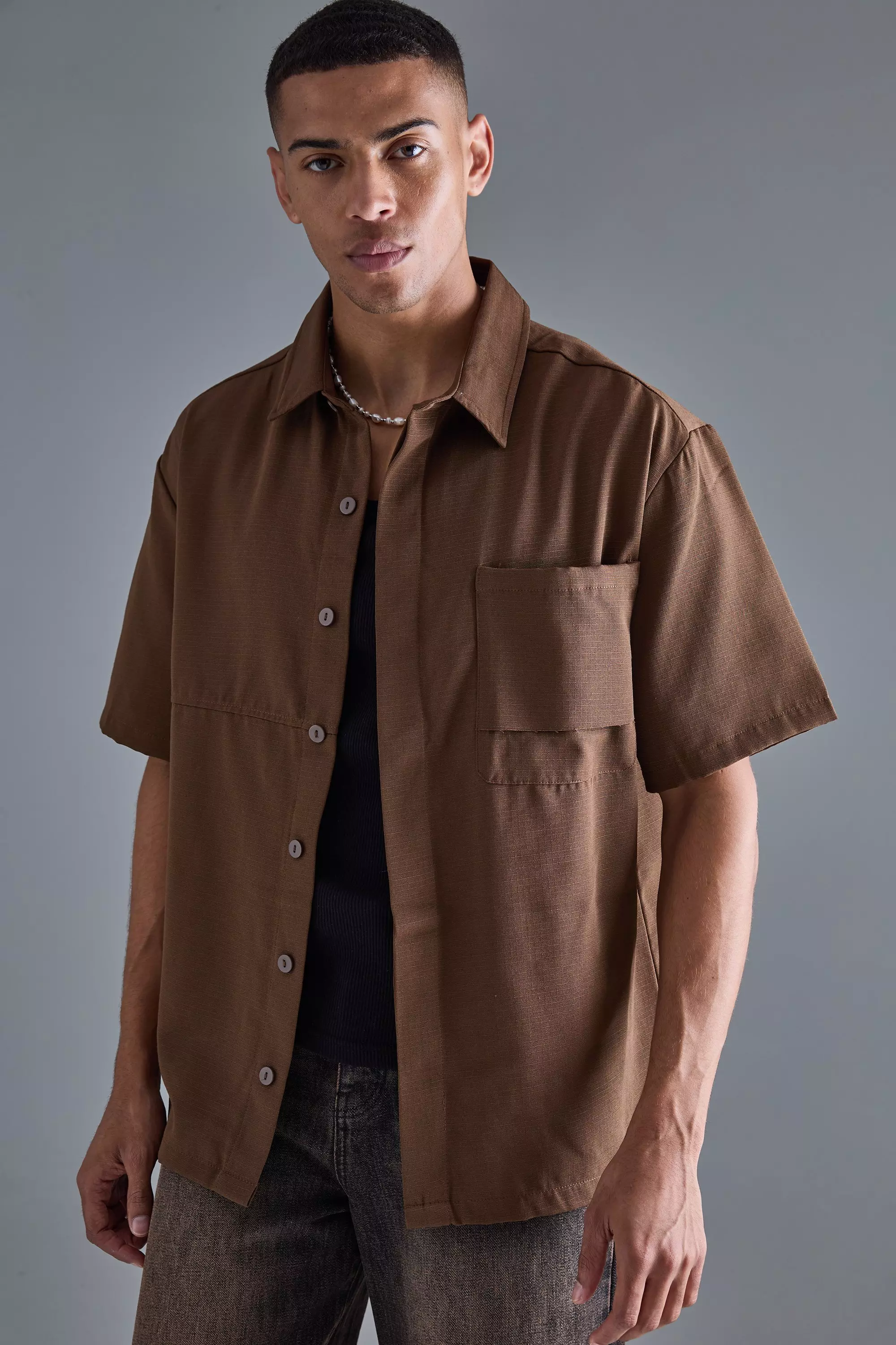 Chocolate Brown Oversized Boxy Ripstop Shirt