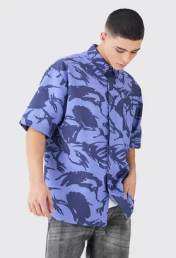 Blue Oversized Boxy Ripstop Camo Shirt