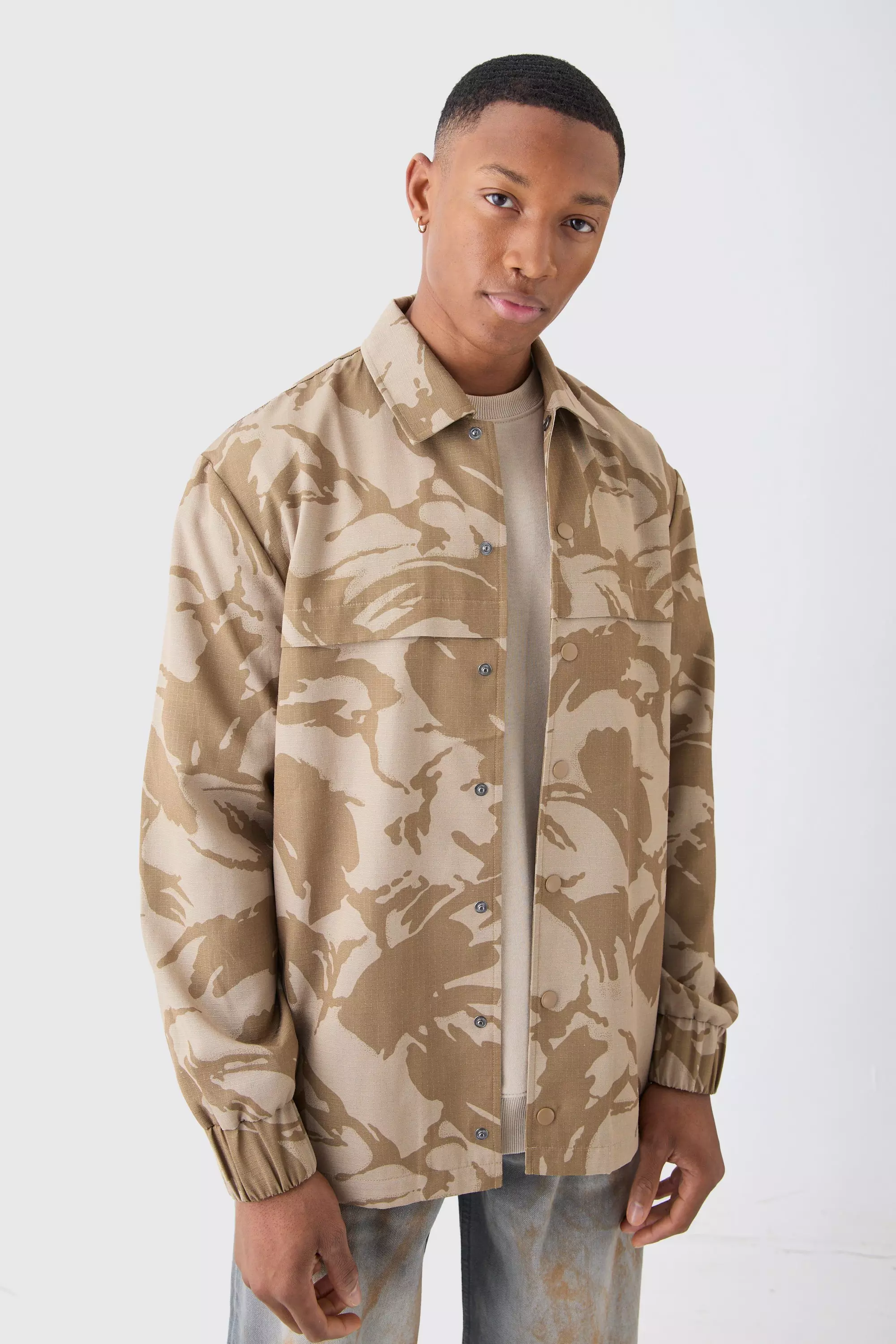 Khaki Regular Long Sleeve Ripstop Popper Camo Overshirt