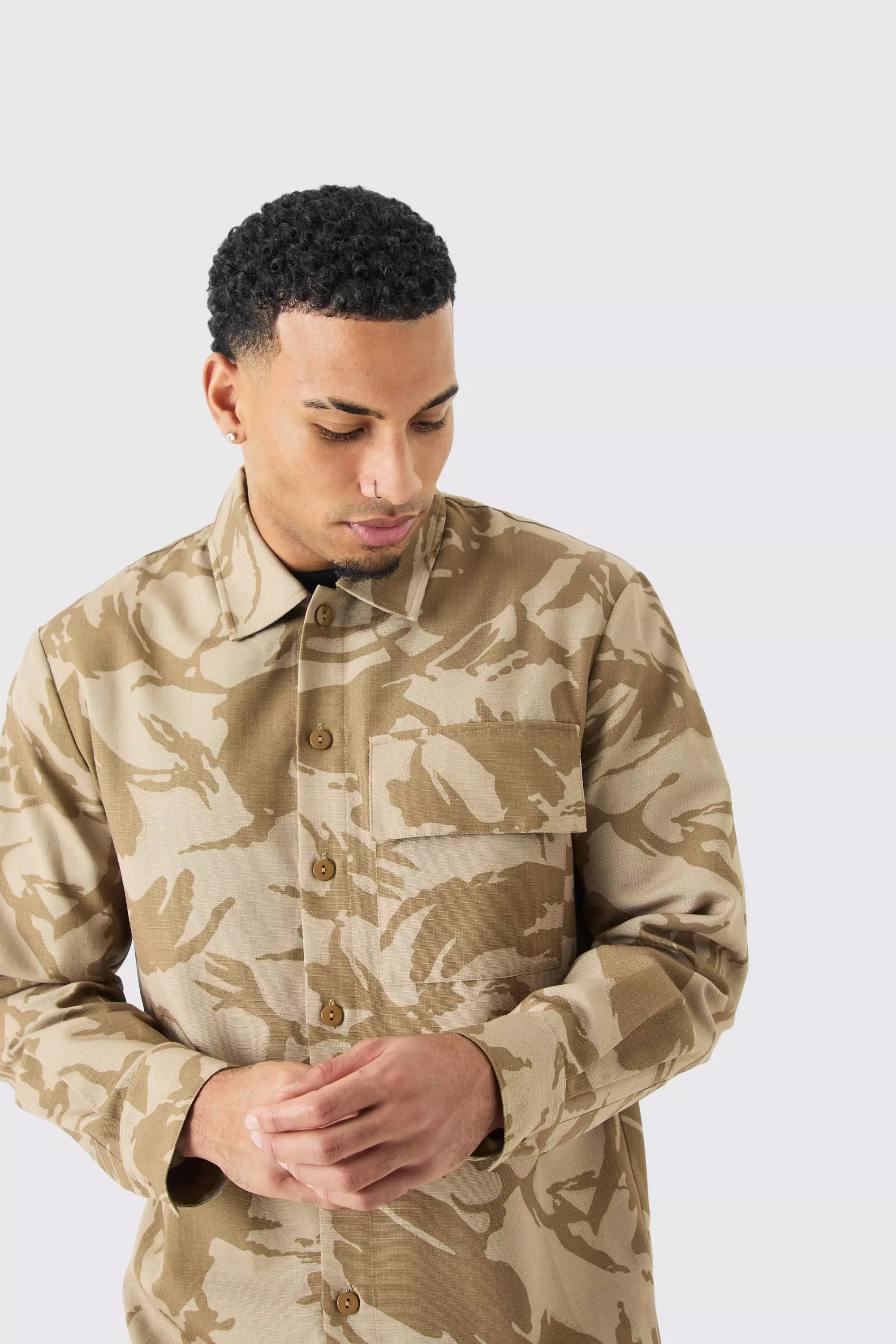 Khaki Regular Long Sleeve Ripstop Camo Overshirt