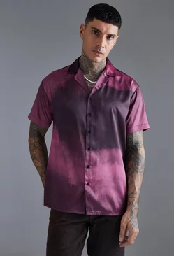 Purple Short Sleeve Oversized Ombre Satin Shirt
