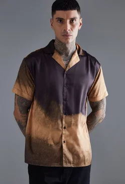 Brown Short Sleeve Oversized Ombre Satin Shirt
