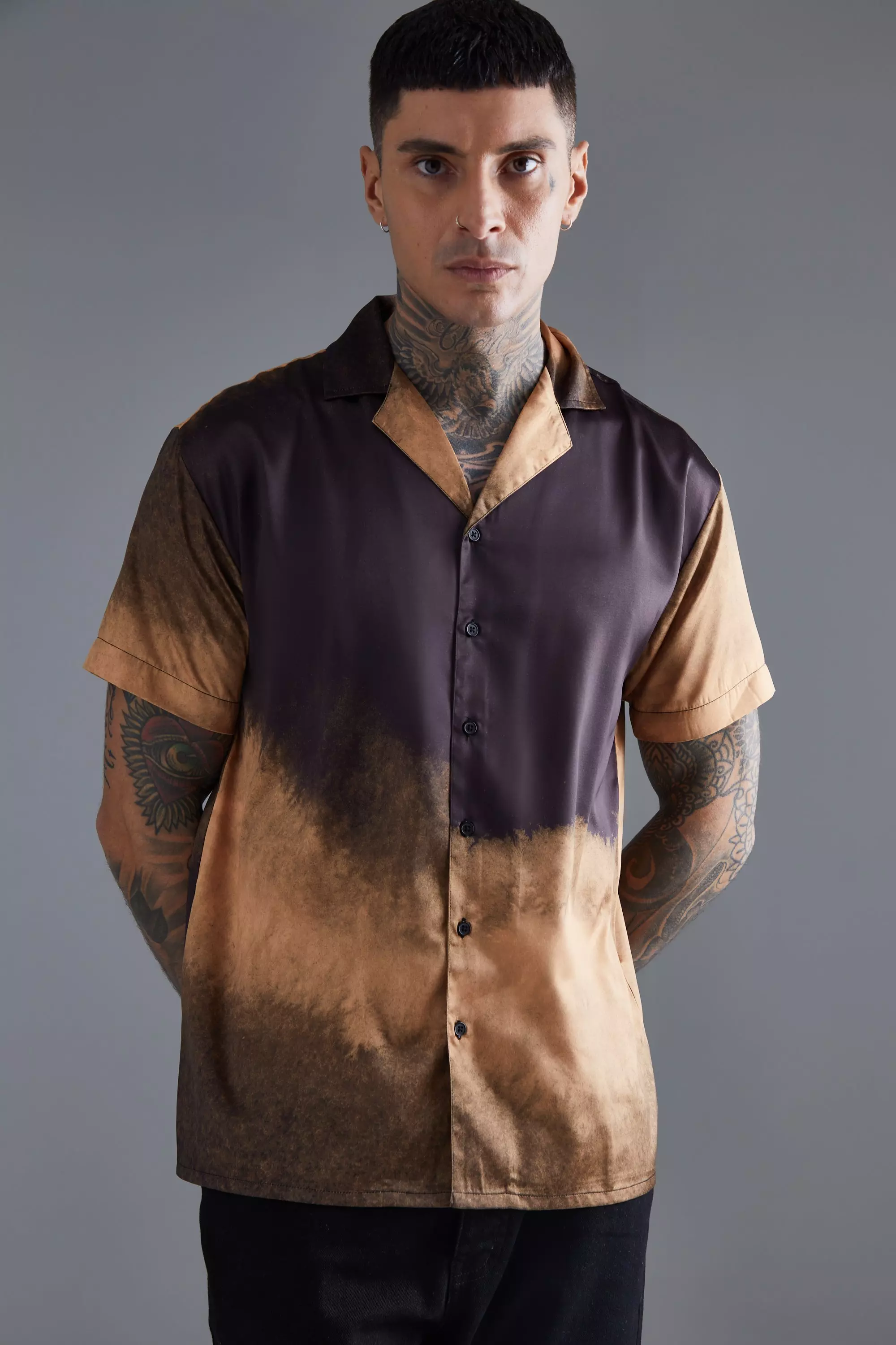 Short Sleeve Oversized Ombre Satin Shirt Brown