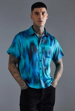 Short Sleeve Boxy Satin Tie Dye Shirt Blue