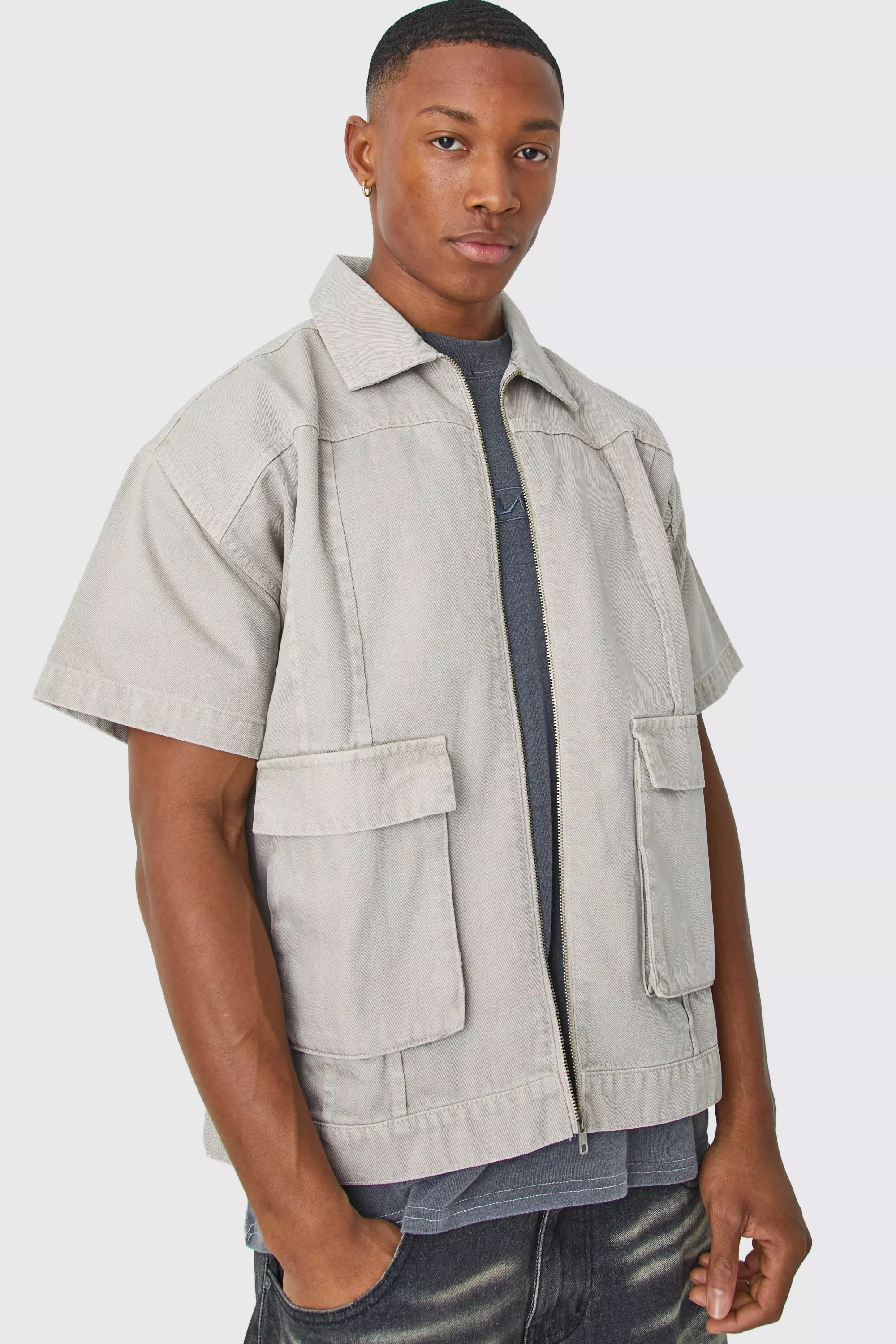 Short Sleeve Twill 3d Pocket Shirt Stone