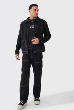 Twill Western Contrast Stitch Overshirt & Trouser Black