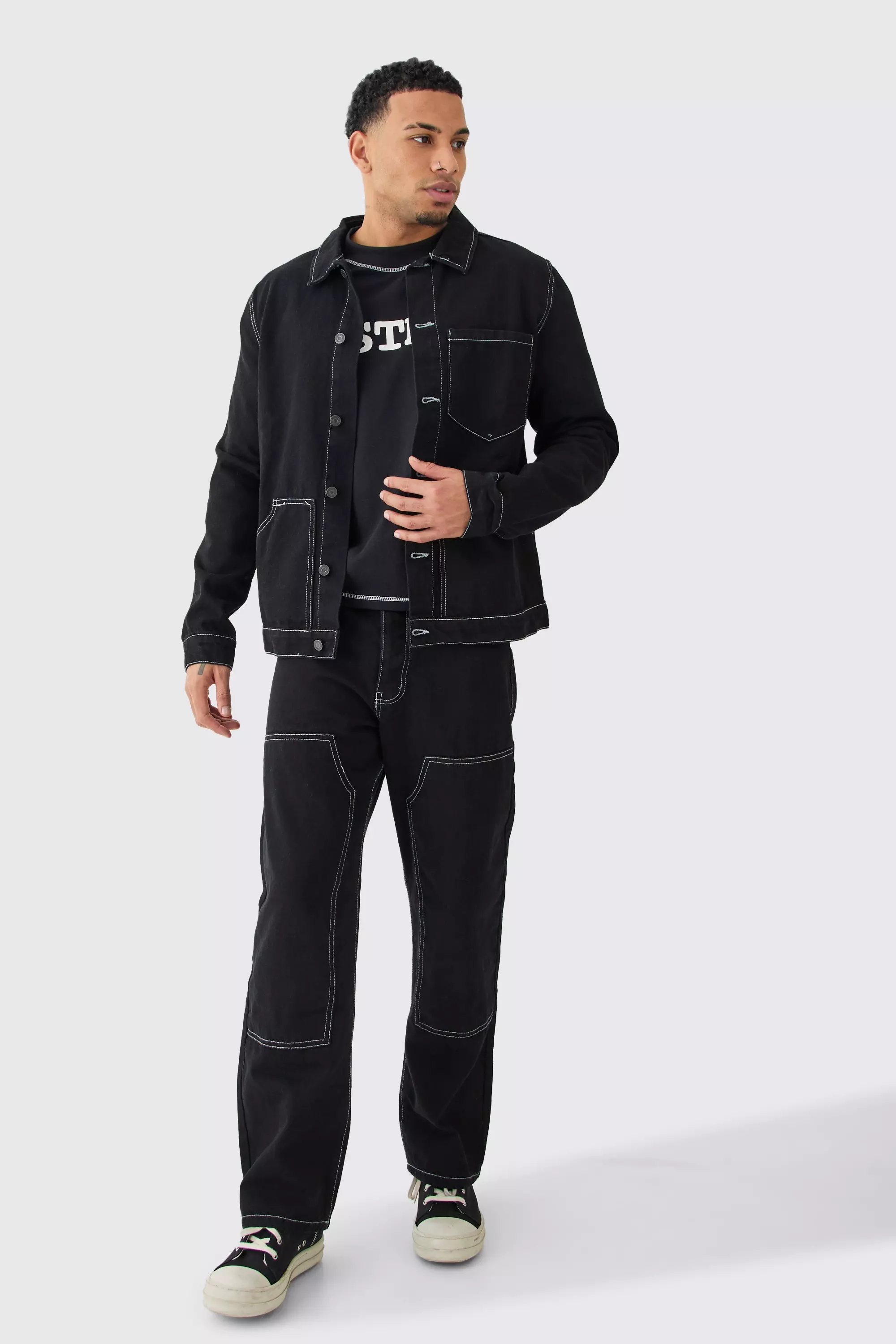 Twill Western Contrast Stitch Overshirt & Trouser Black