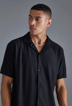 Short Sleeve Ribbed Revere Oversized Shirt Black