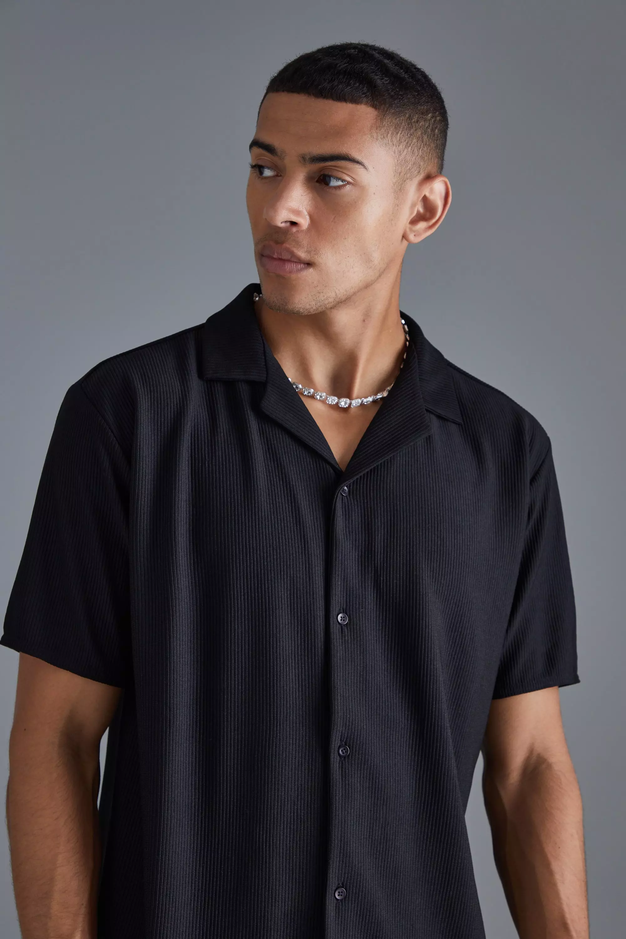 Short Sleeve Ribbed Revere Oversized Shirt Black