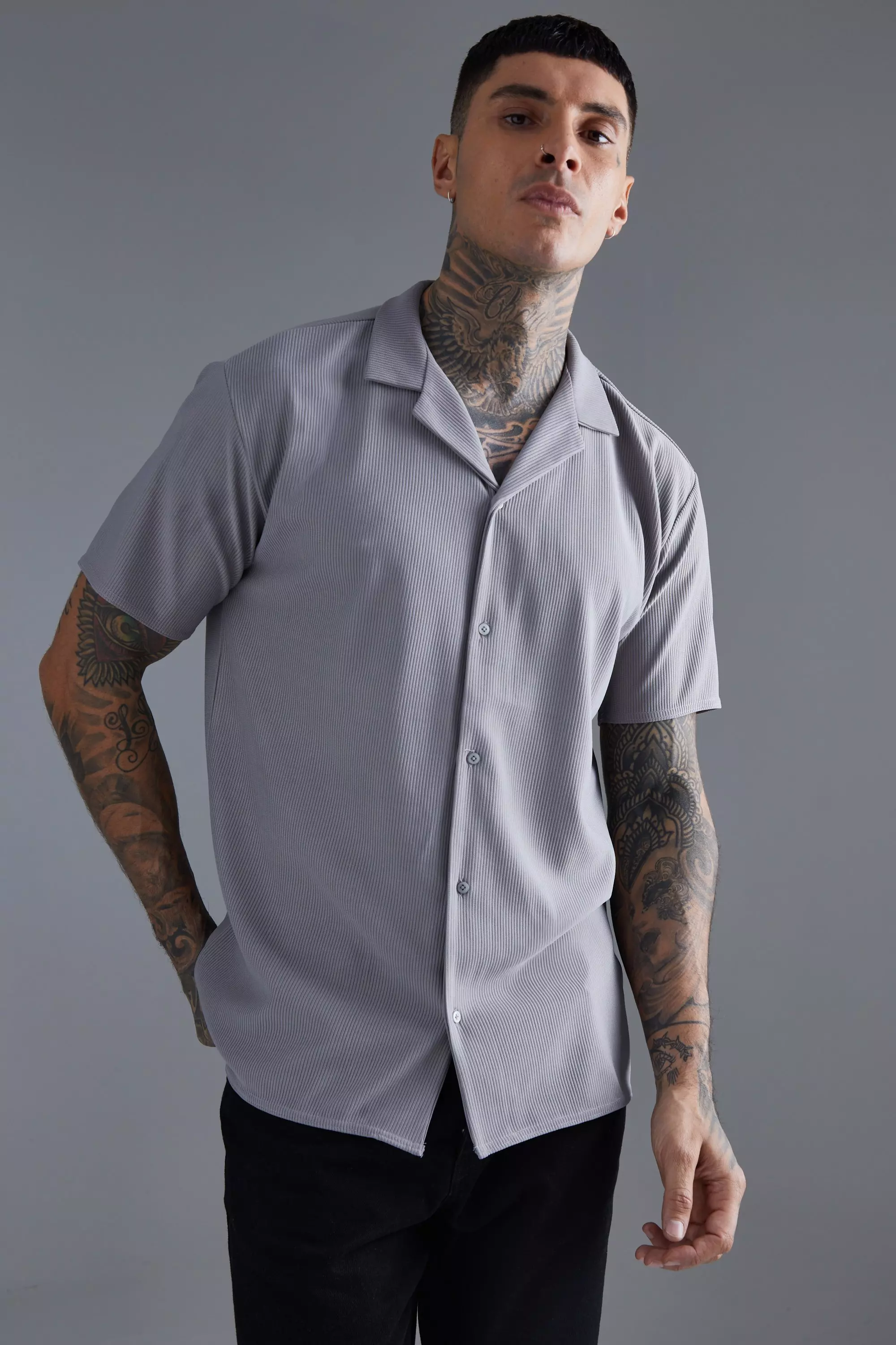 Short Sleeve Ribbed Revere Oversized Shirt Grey