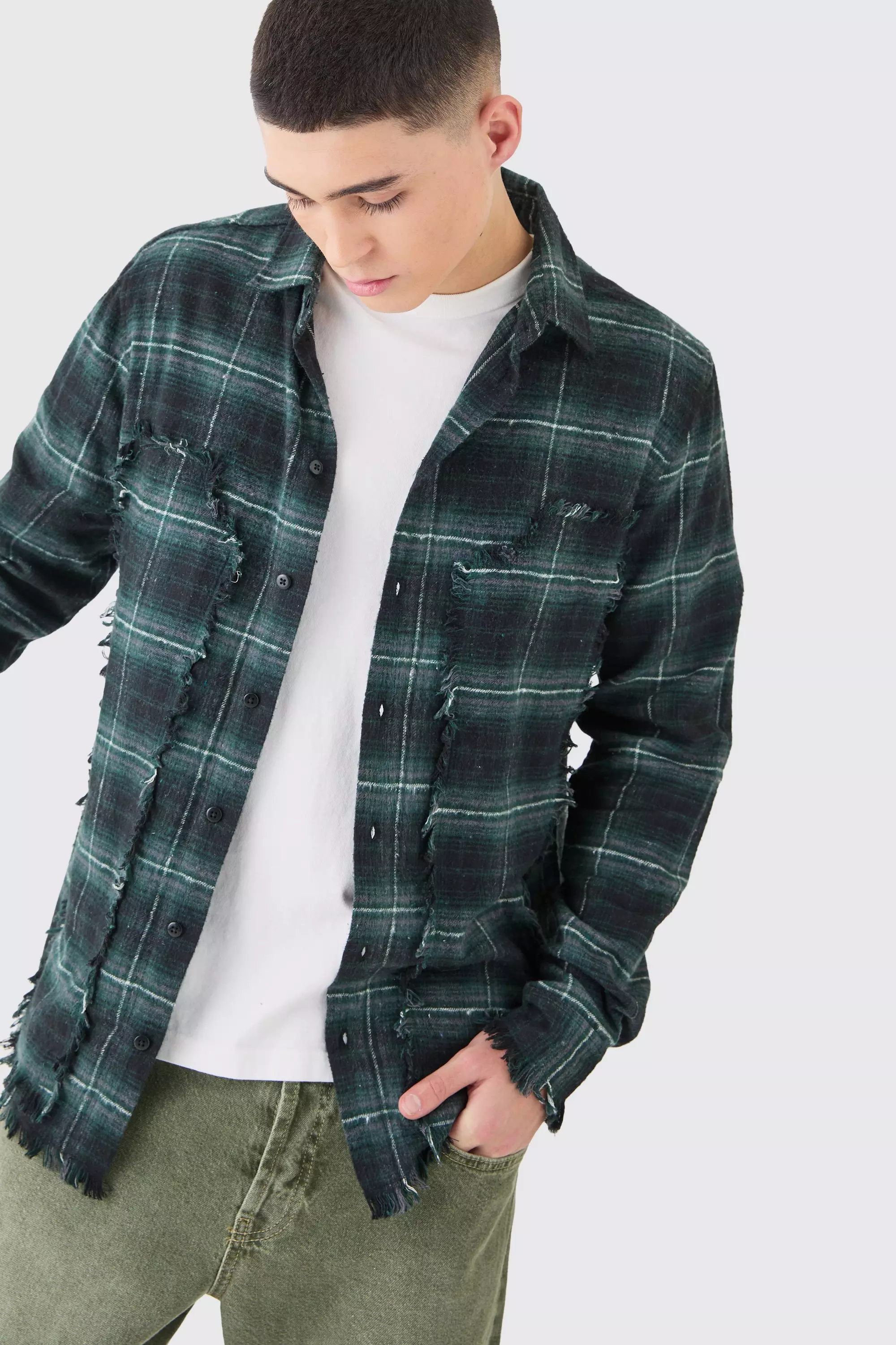 Oversized Distressed Panel Check Shirt Black