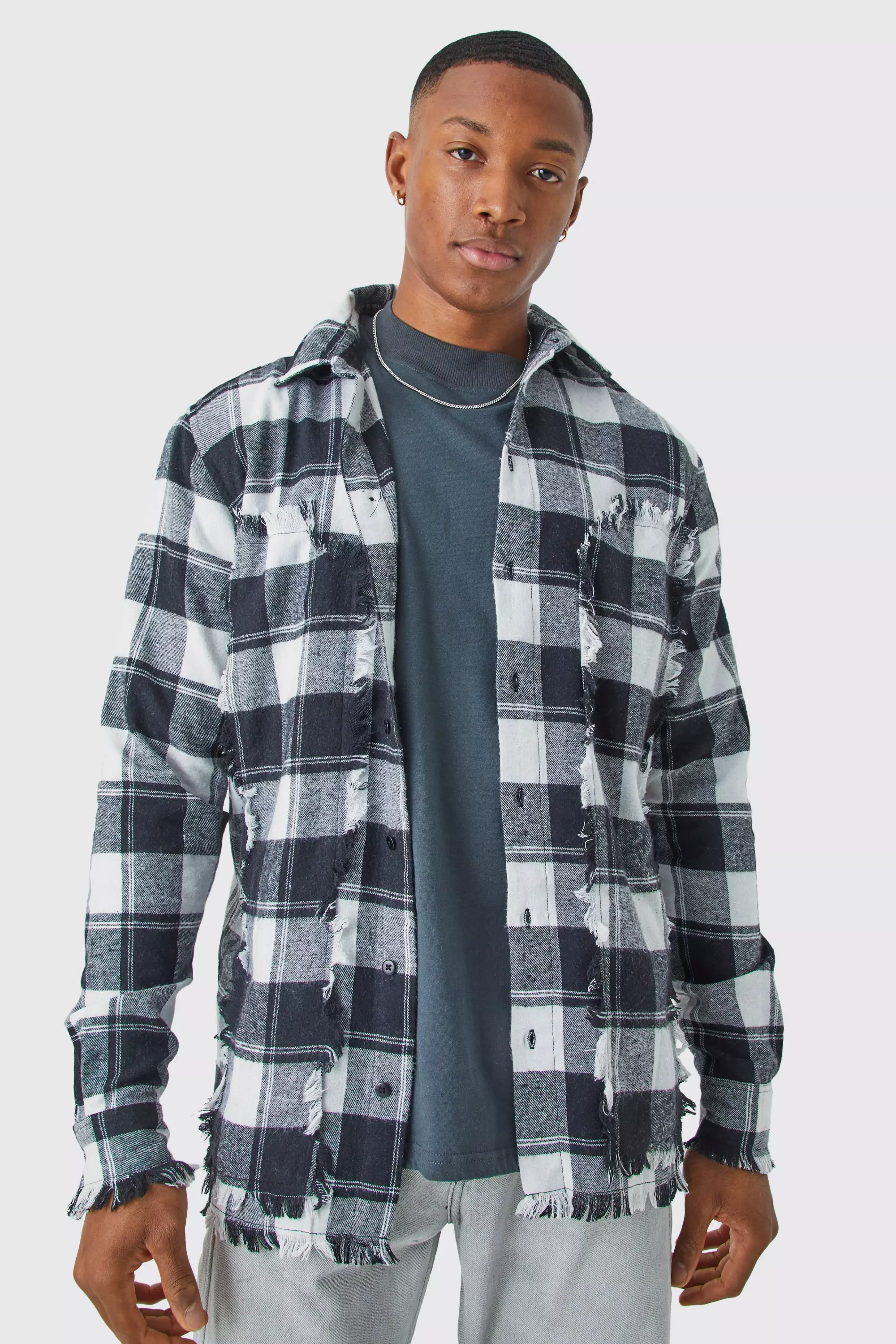 Black Oversized Distressed Panel Check Shirt