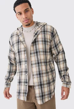 Long Sleeve Oversized Hooded Button Through Check Shirt Multi