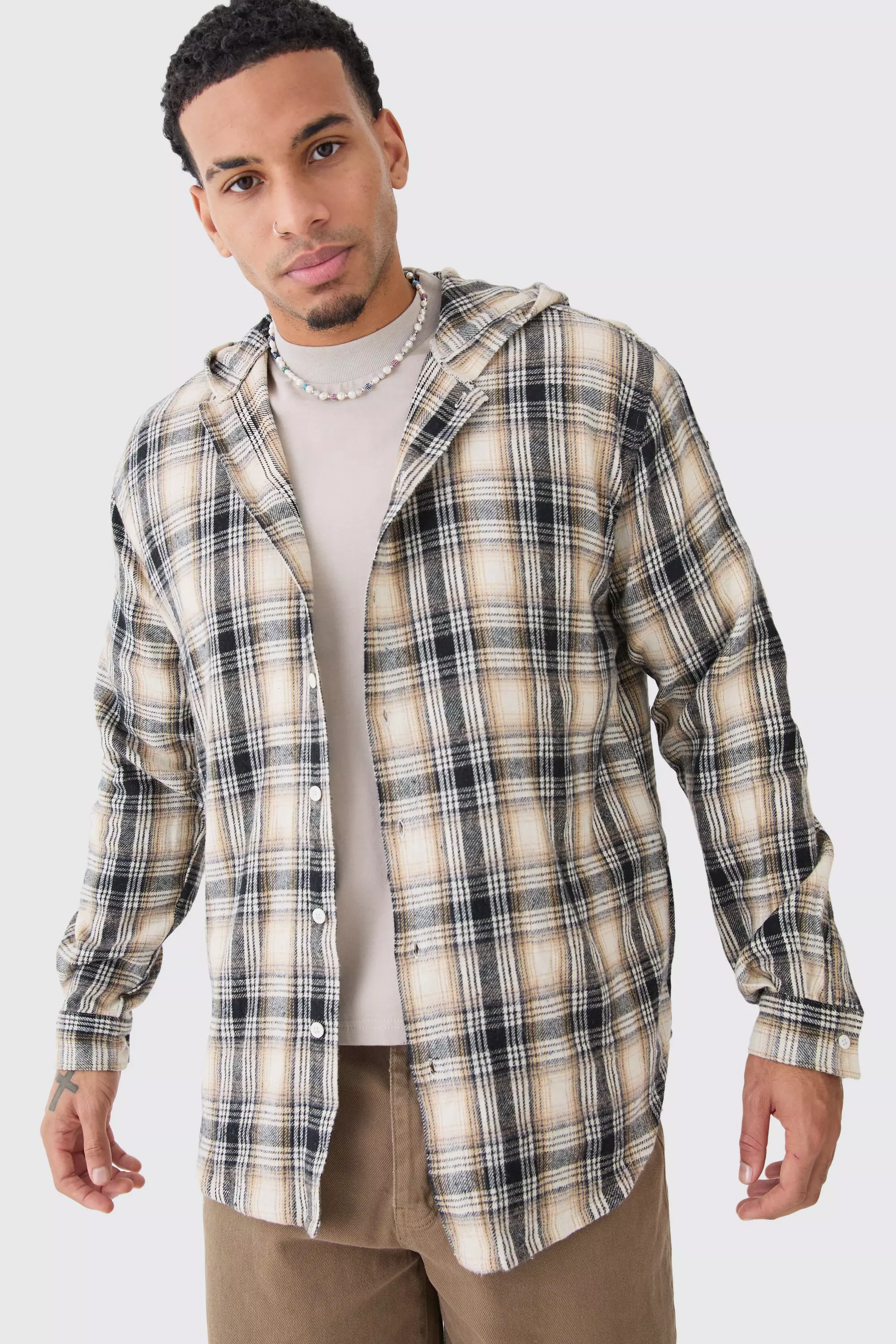 Long Sleeve Oversized Hooded Button Through Check Shirt Multi
