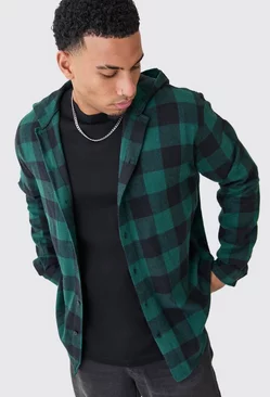 Long Sleeve Oversized Hooded Button Through Check Shirt Green