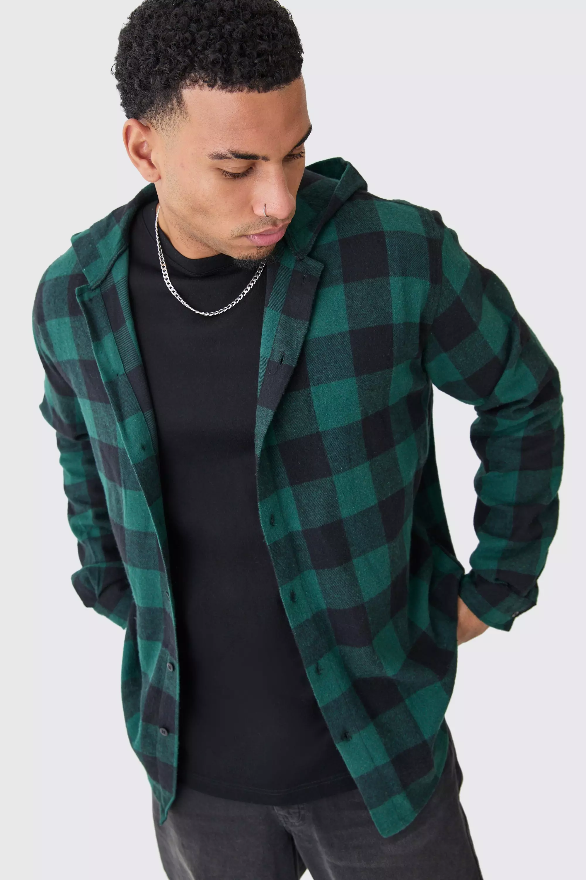 Long Sleeve Oversized Hooded Button Through Check Shirt Green