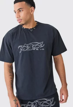 Black Oversized Heavy Interlock Distressed Applique T-shirt