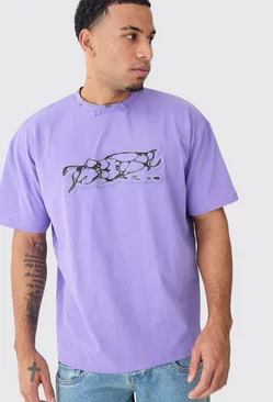 Oversized Heavy Interlock Distressed Applique T-shirt Purple