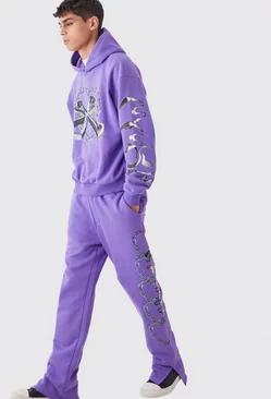 Oversized Boxy Chain Graphic Hooded Tracksuit Purple