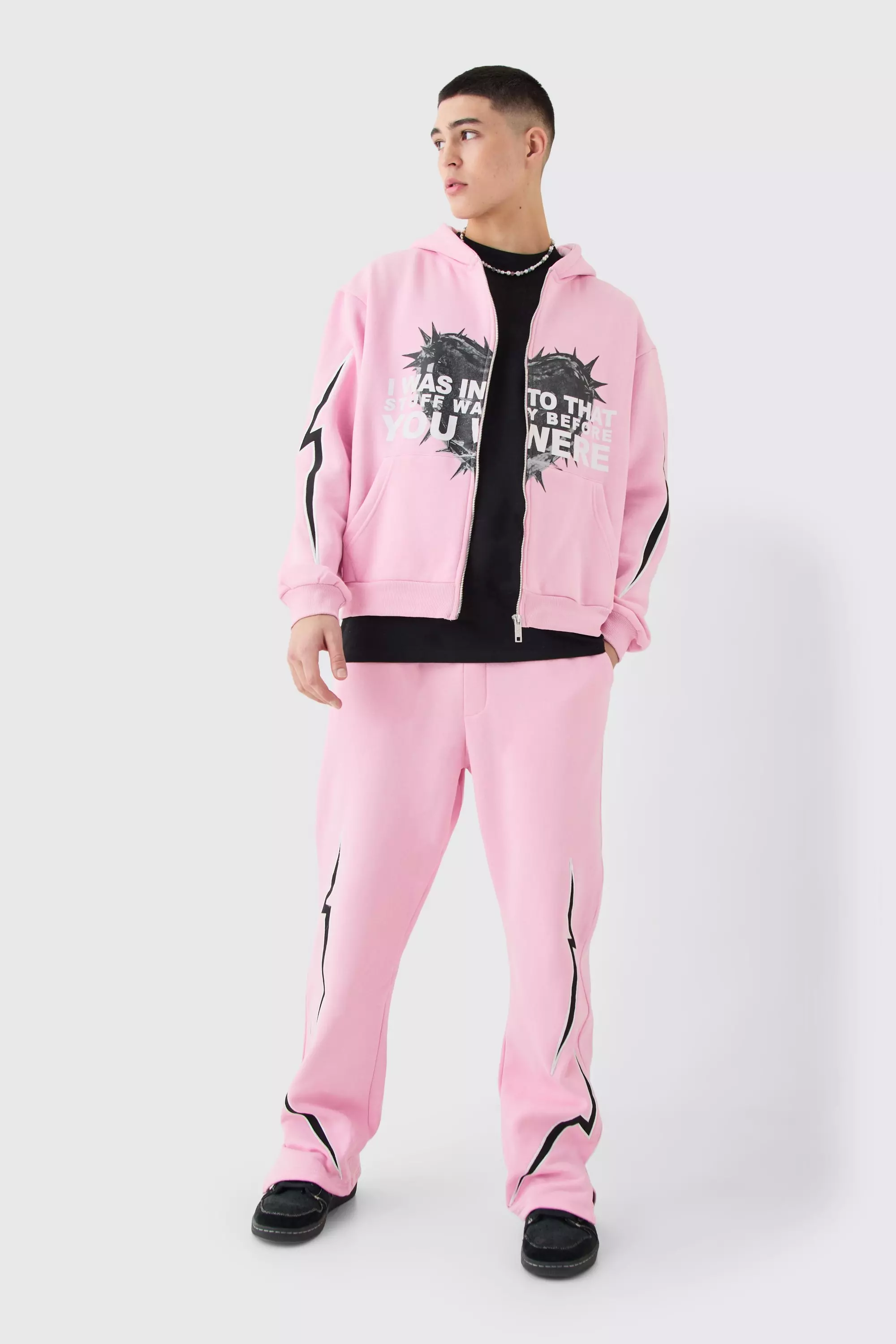 Oversized Boxy Zip Thru Heart Hooded Tracksuit Pink