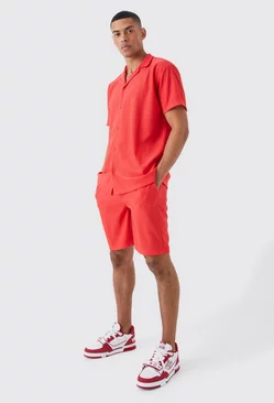 Short Sleeve Oversized Shirt And Short Set Red