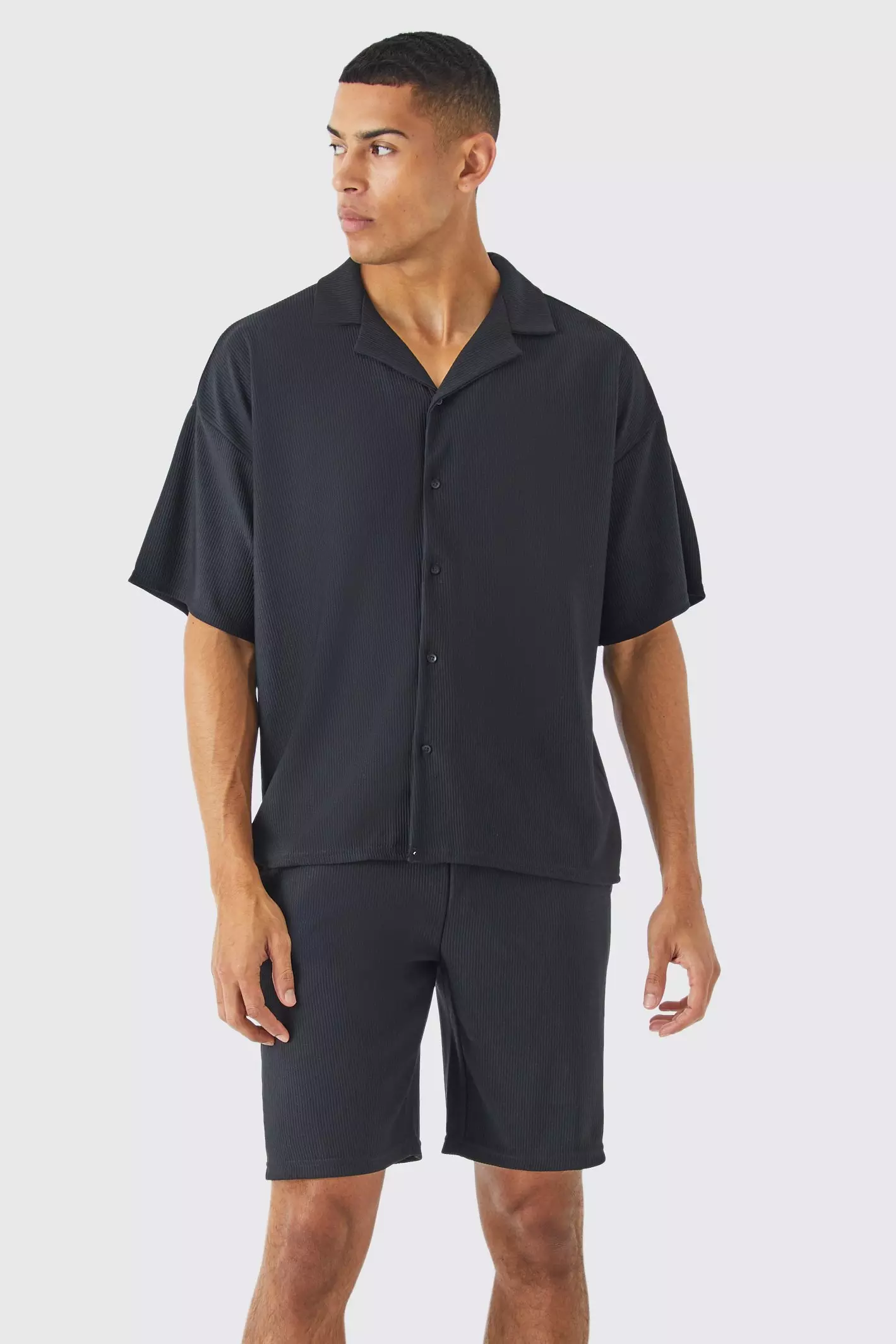 Black Short Sleeve Ribbed Boxy Shirt And Short Set alternative image