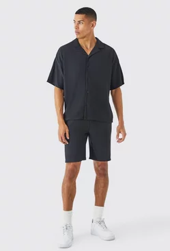 Black Short Sleeve Ribbed Boxy Shirt And Short Set