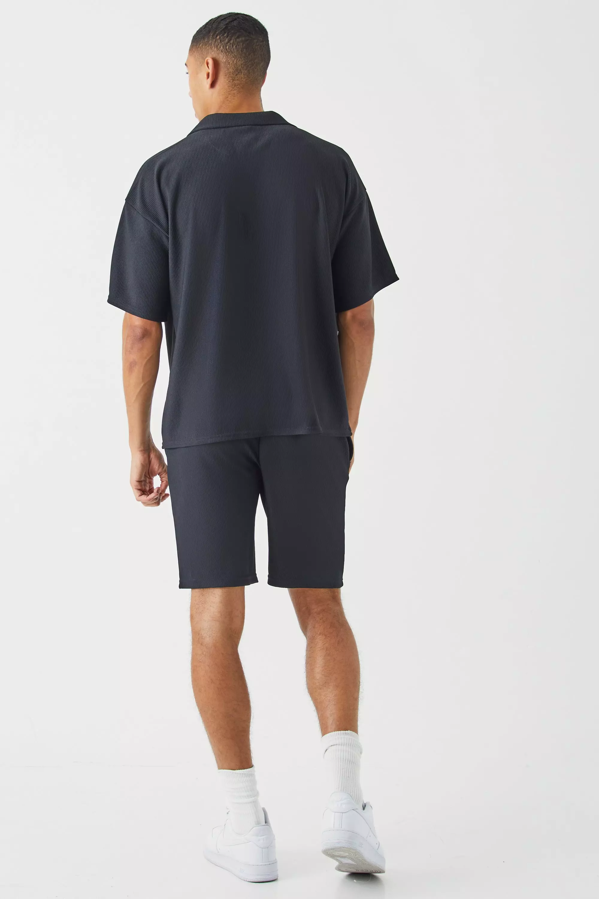 Black Short Sleeve Ribbed Boxy Shirt And Short Set alternative image