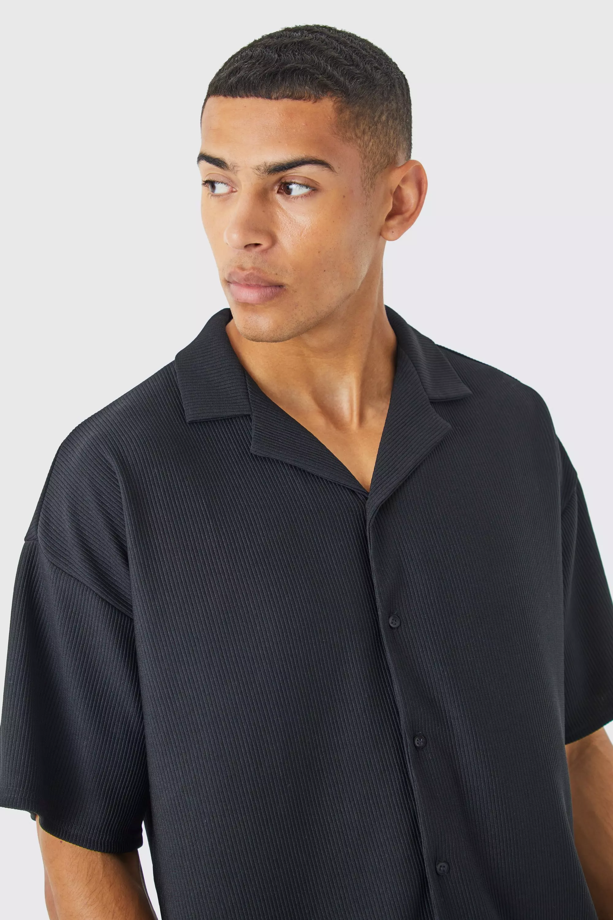Black Short Sleeve Ribbed Boxy Shirt And Short Set alternative image