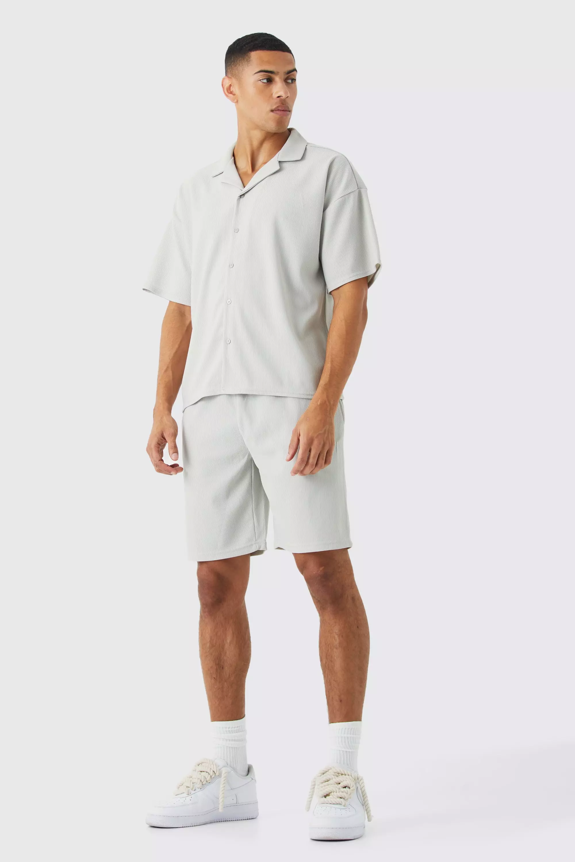 Short Sleeve Ribbed Boxy Shirt And Short Set Stone