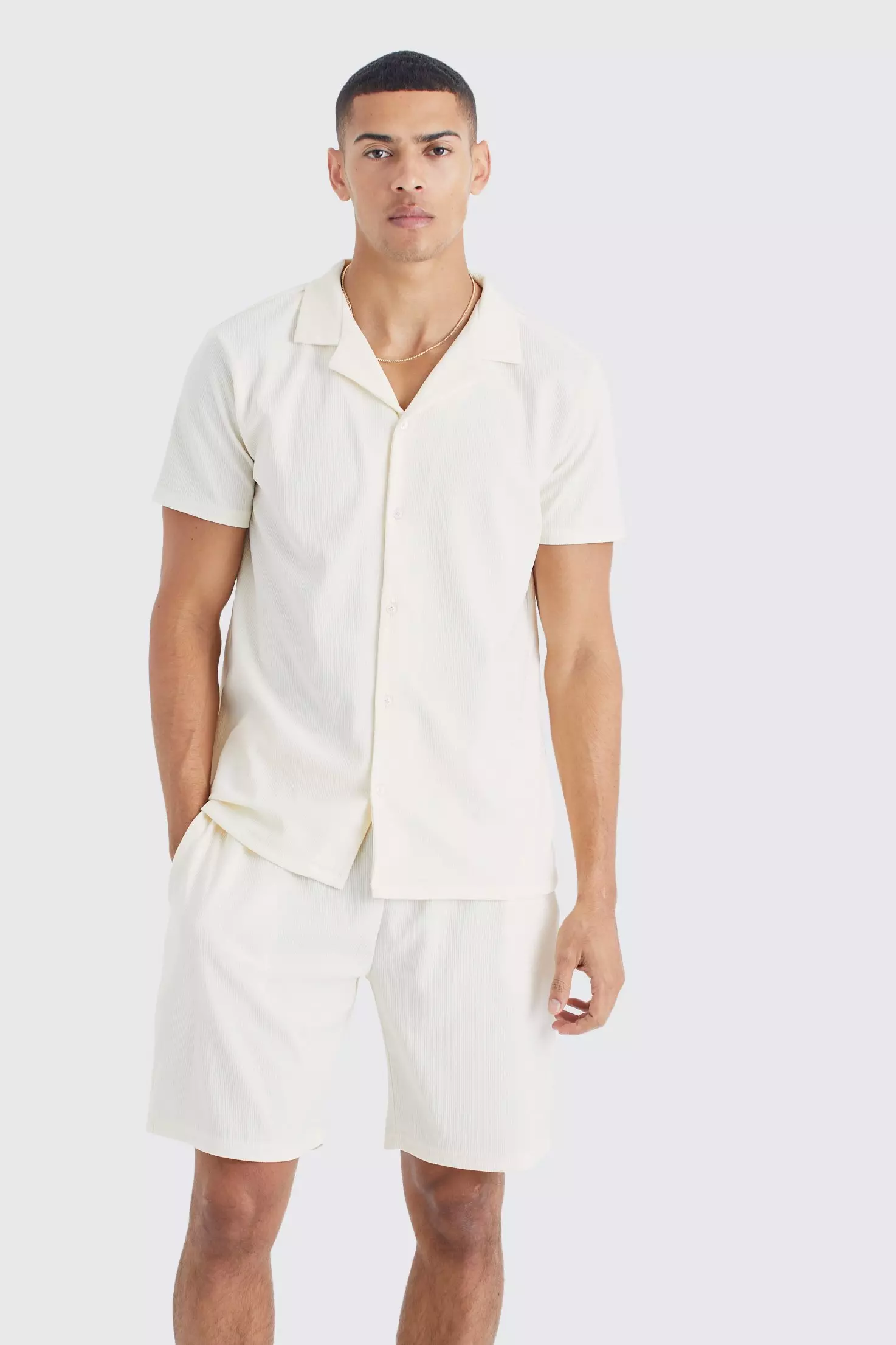 Short Sleeve Ribbed Shirt And Short Set Ecru