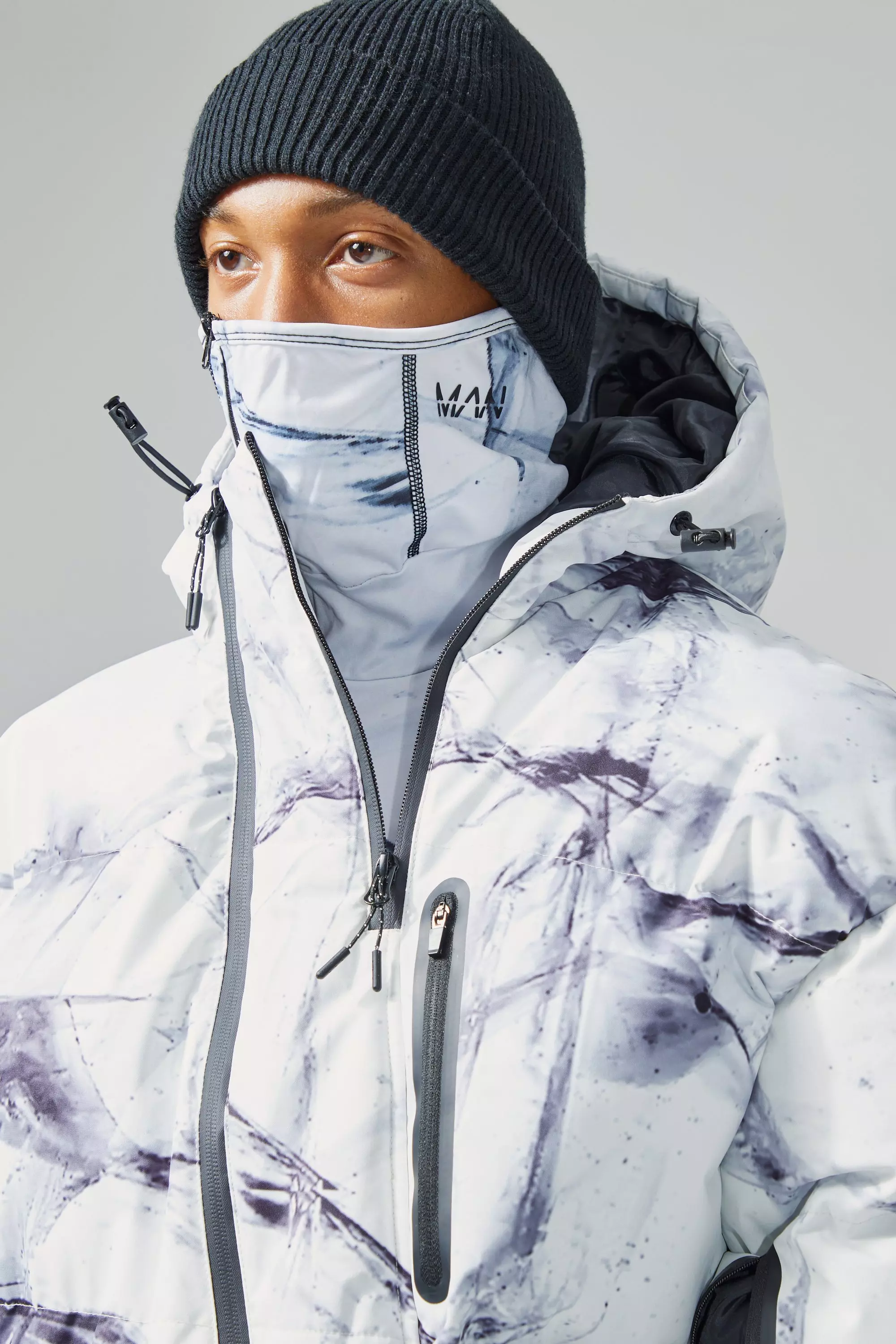 Oversized Abstract Print Ski Puffer Jacket boohooMAN