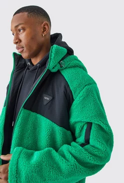 Borg & Nylon Mix Jacket With Hood Green