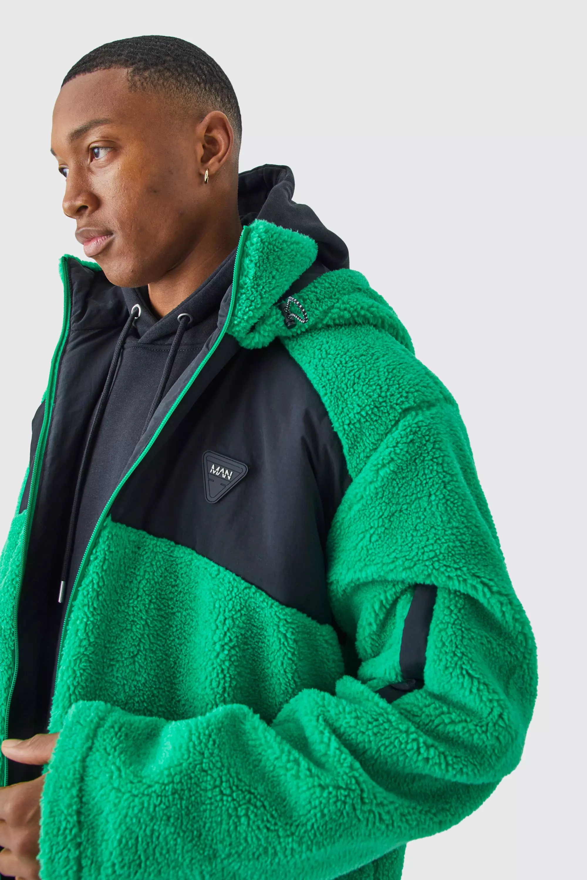 Borg & Nylon Mix Jacket With Hood Green