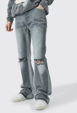 Grey Tall Relaxed Rigid Gusset Flare Washed Ripped Jeans
