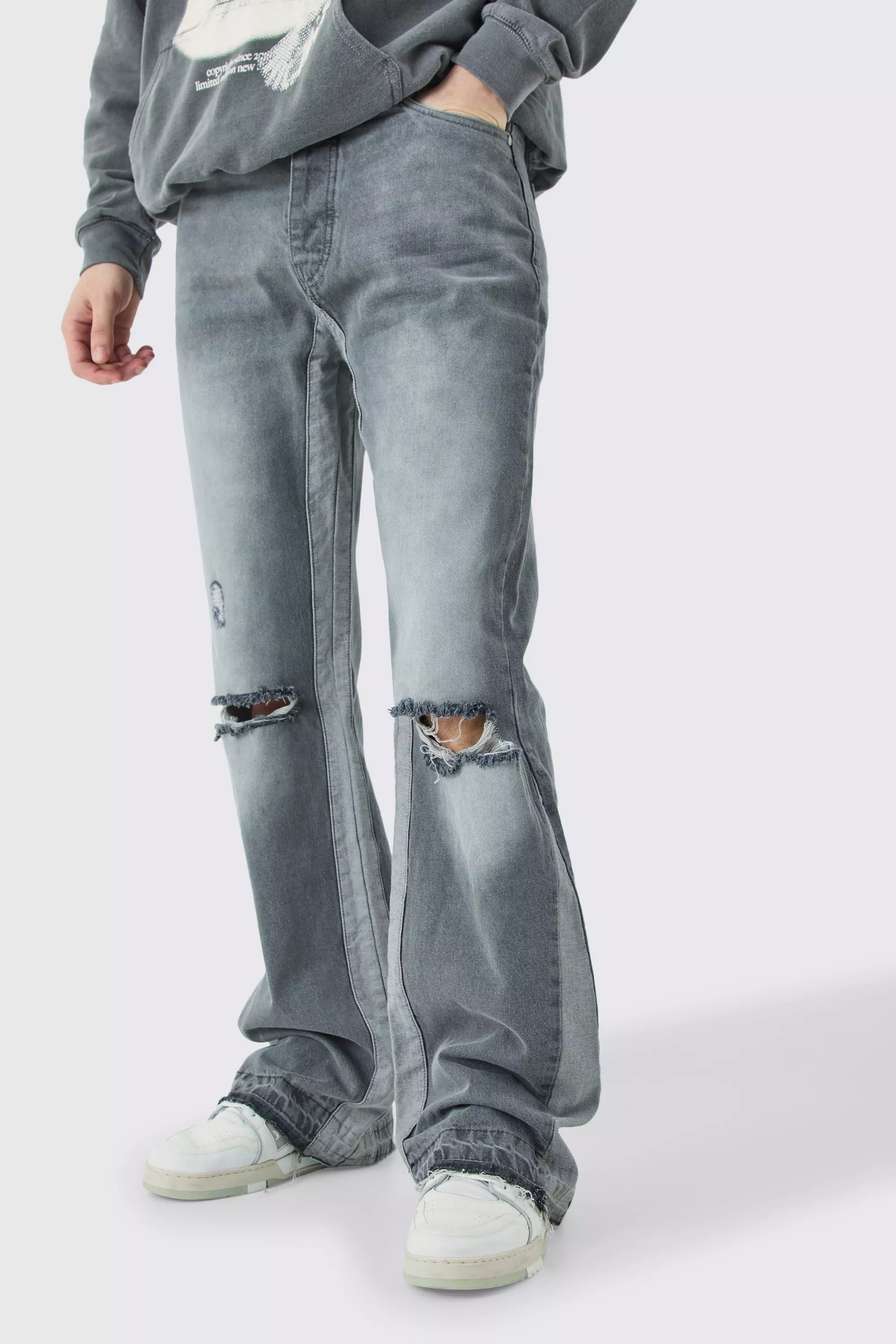 Tall Relaxed Rigid Gusset Flare Washed Ripped Jeans Mid grey