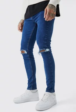 Blue Tall Super Skinny Stretch Ripped Knee Jeans