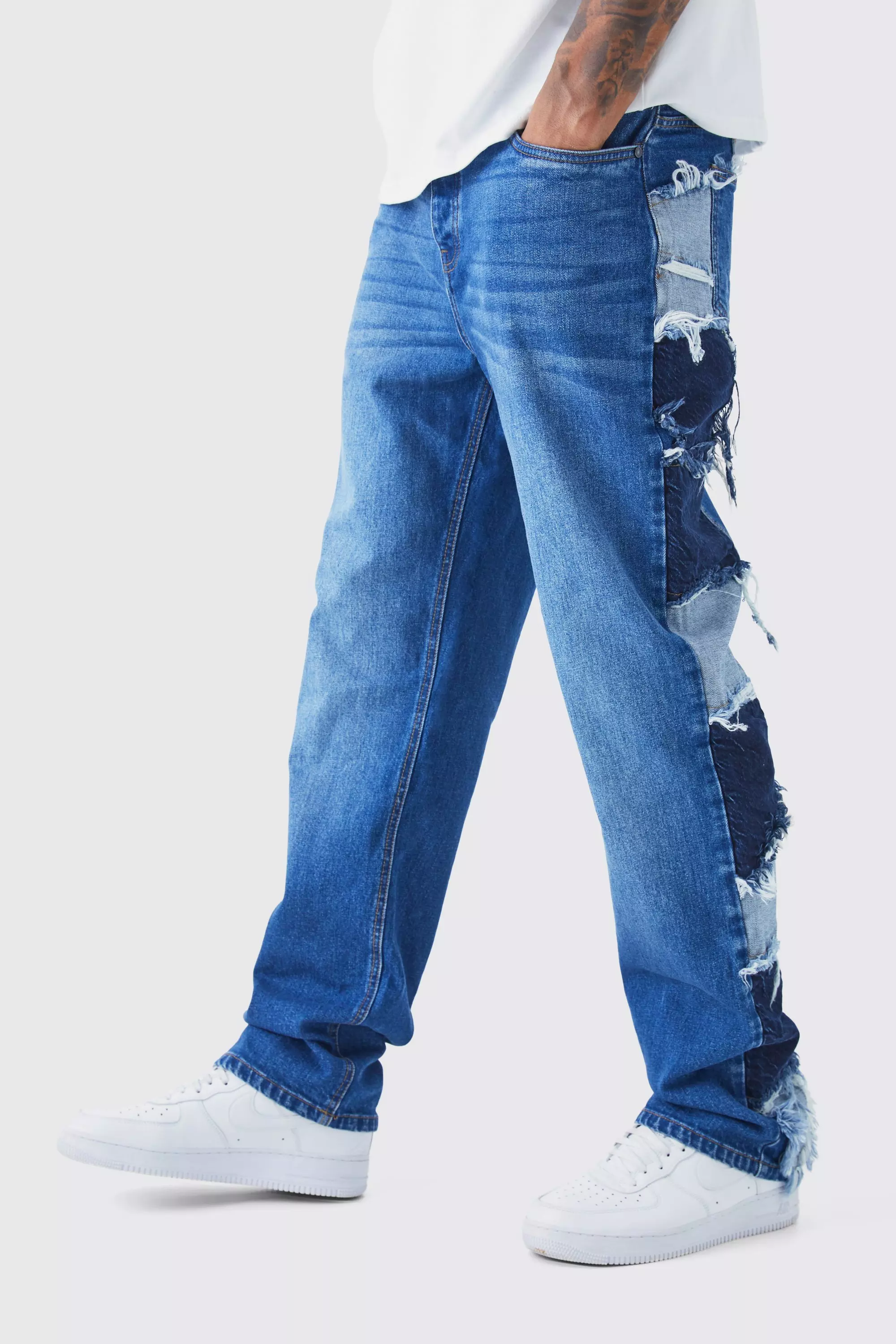 Blue Tall Relaxed Rigid Patchwork Side Panel Jeans