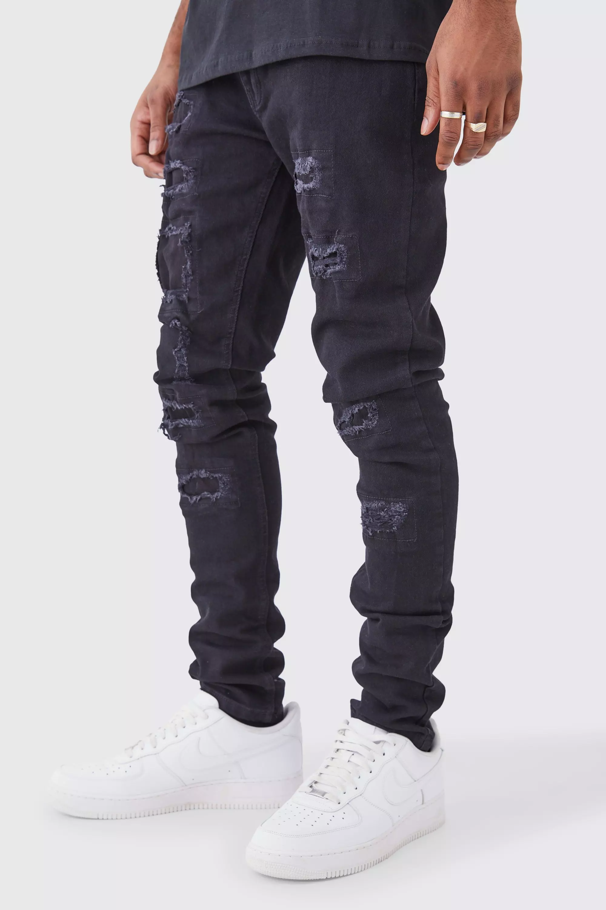 Tall Skinny Stacked Distressed Ripped Jeans | boohooMAN USA