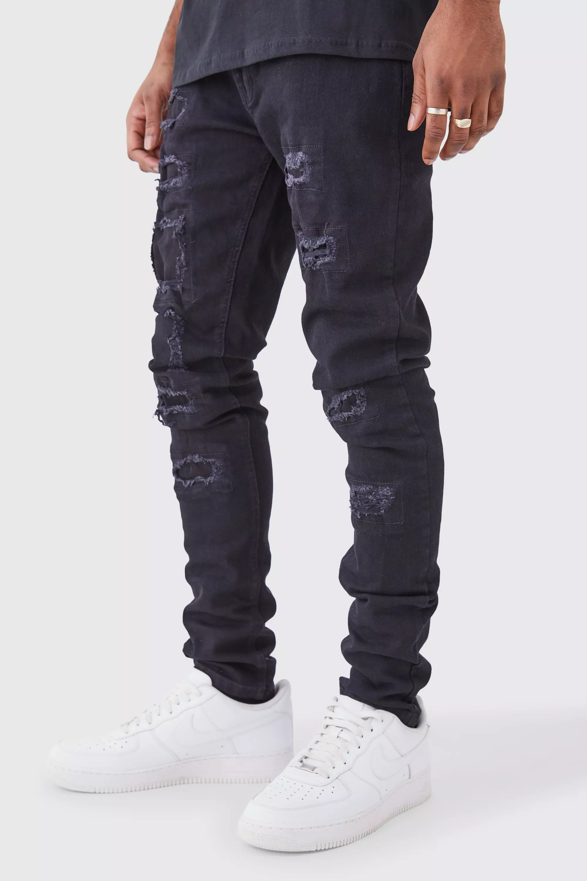 Black Tall Skinny Stacked Distressed Ripped Jeans