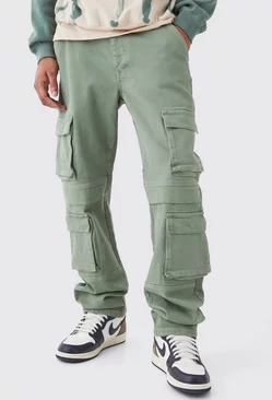 Sage Green Tall Relaxed Fit Washed Multi Pocket Cargo Jeans