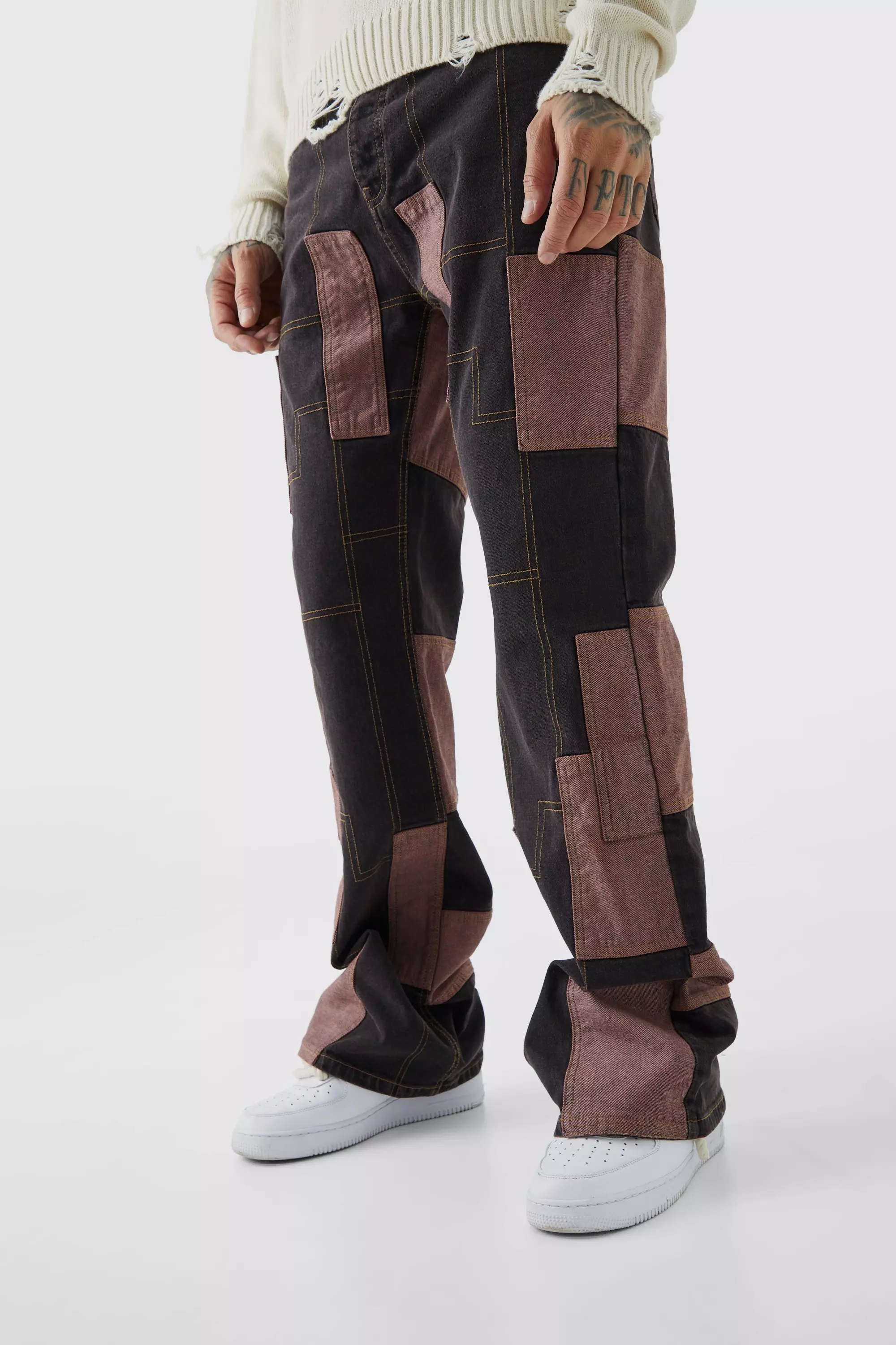 Chocolate Brown Tall Relaxed Rigid Flare Patchwork Jeans