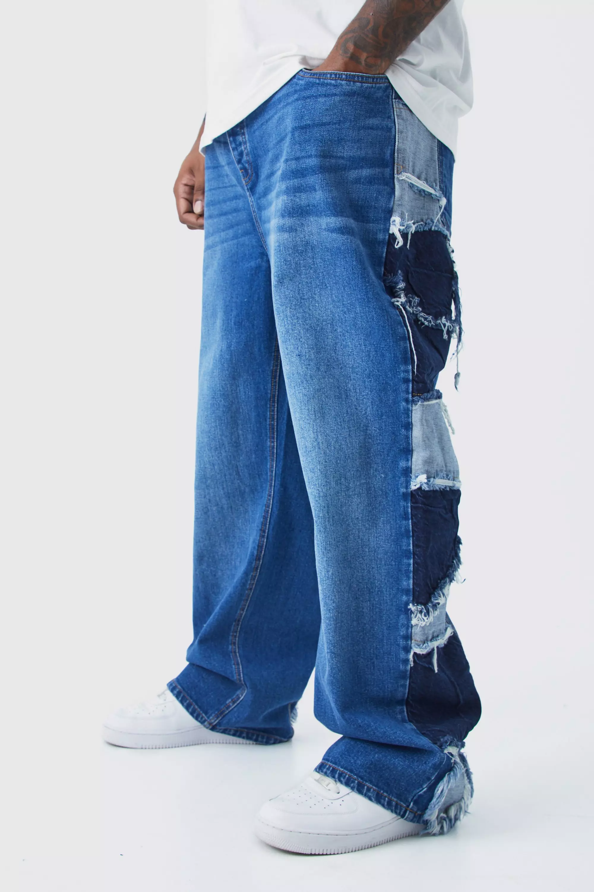 Plus Relaxed Rigid Patchwork Side Panel Jeans Mid blue