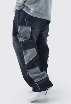 Plus Relaxed Rigid Patchwork Side Panel Jeans Washed black