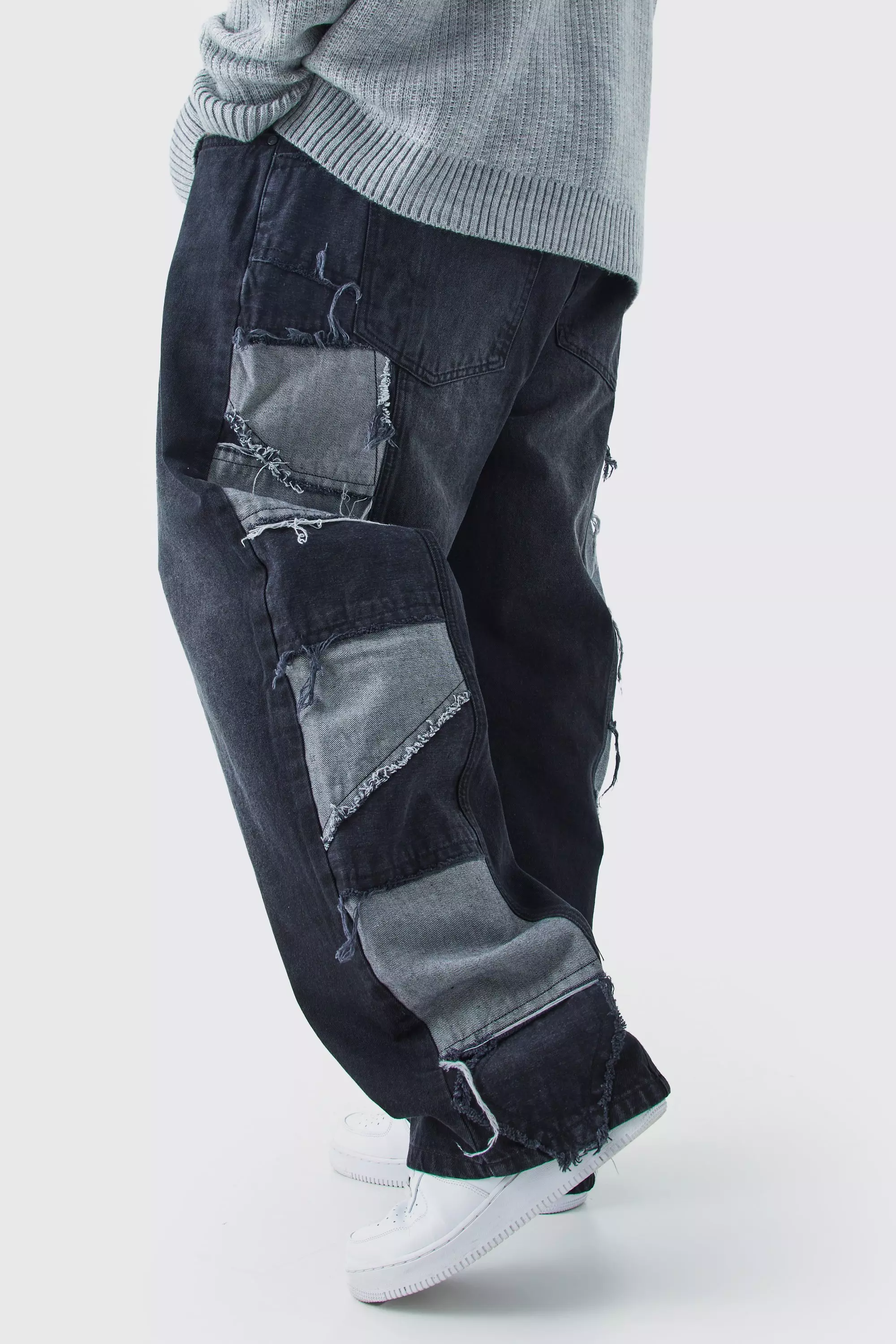 Ash Grey Plus Relaxed Rigid Patchwork Side Panel Jeans
