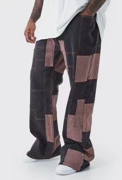 Plus Relaxed Rigid Flare Patchwork Jeans Chocolate