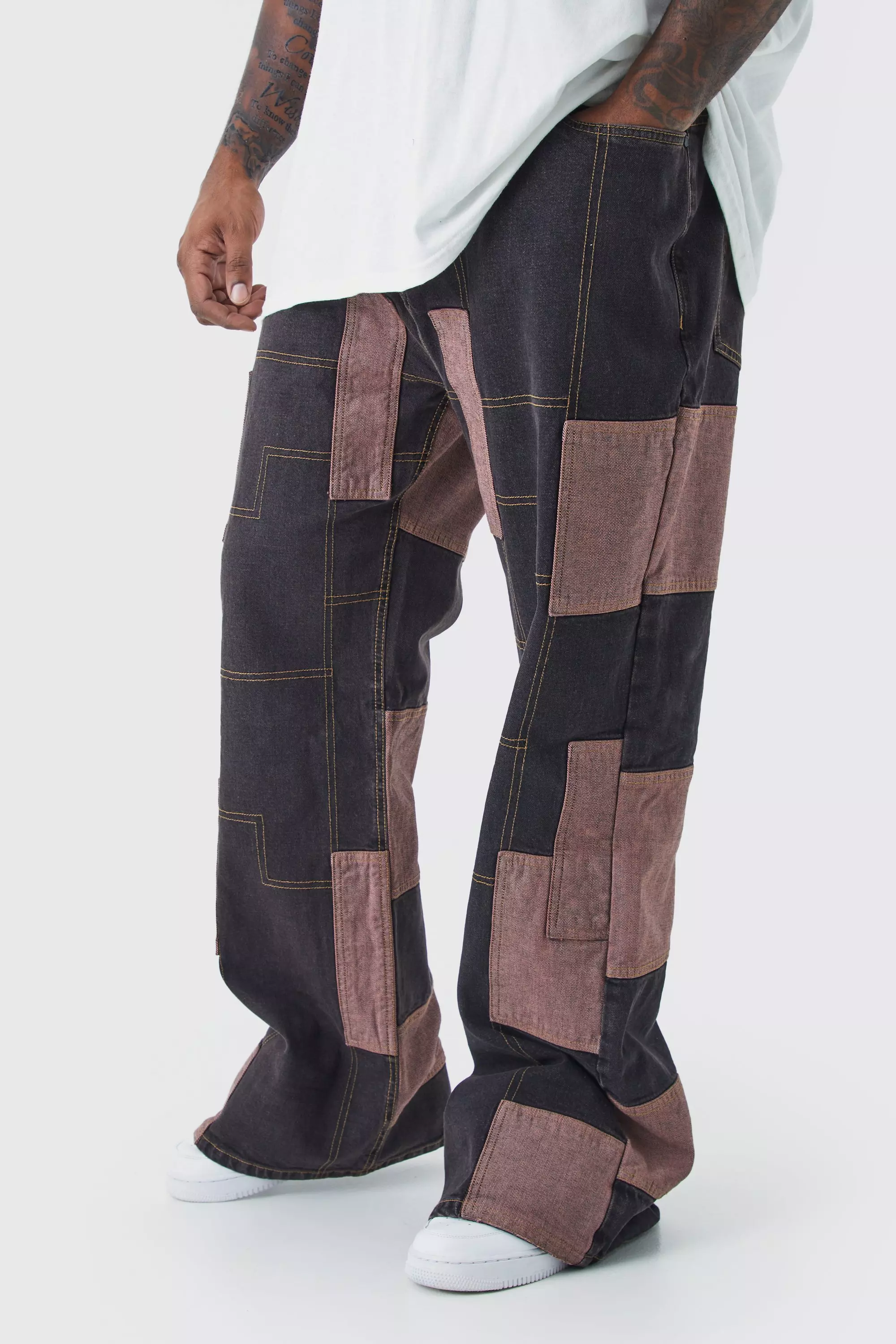 Chocolate Brown Plus Relaxed Rigid Flare Patchwork Jeans