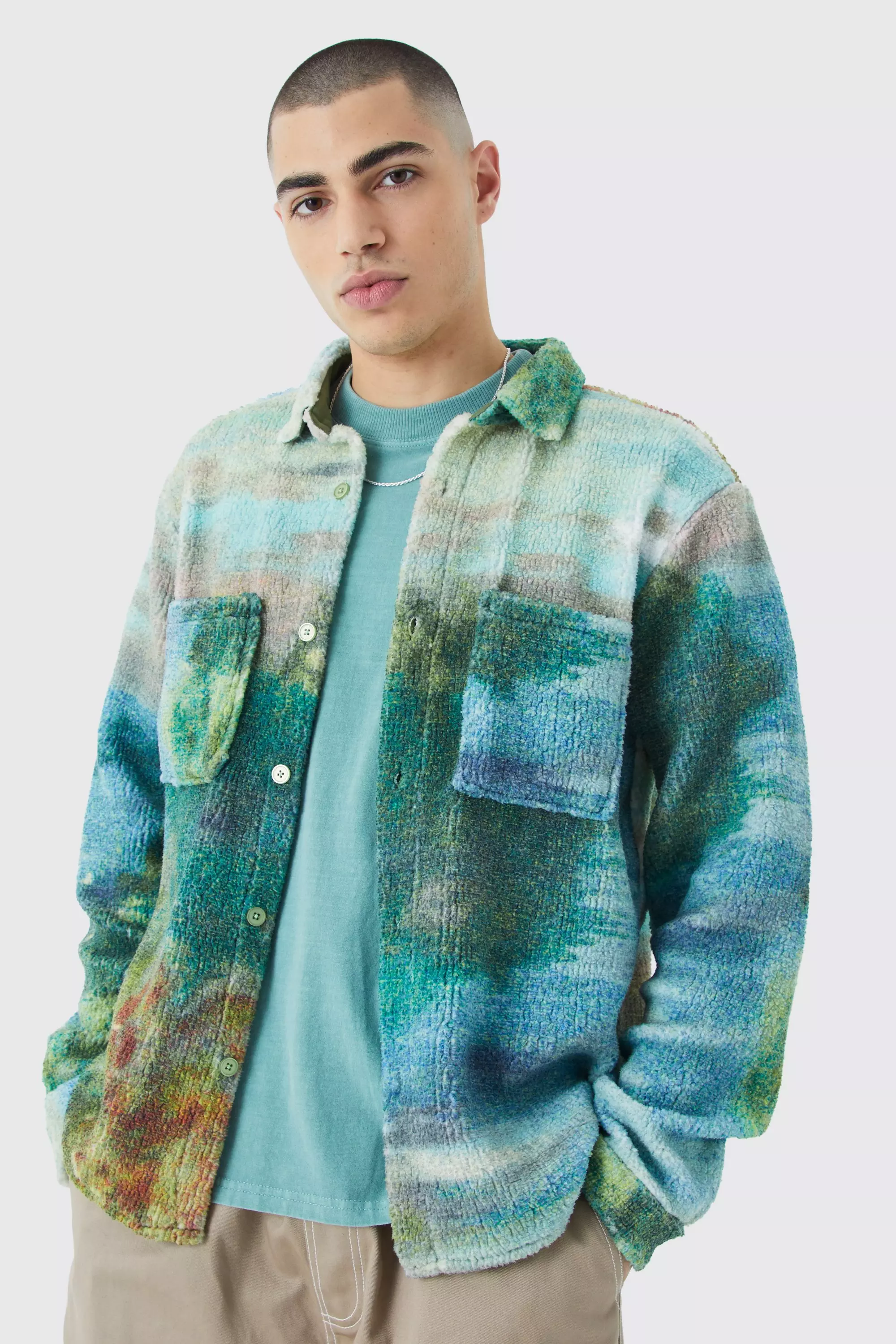 Borg Watercolour Scenic Overshirt | boohooMAN USA