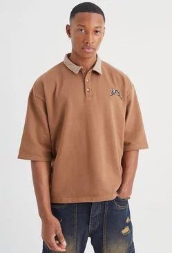 Brown Oversized Heavy Loopback Embroidered Polo