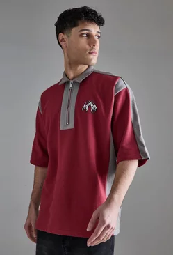 Red Oversized Half Sleeve Colour Block Sweat Polo